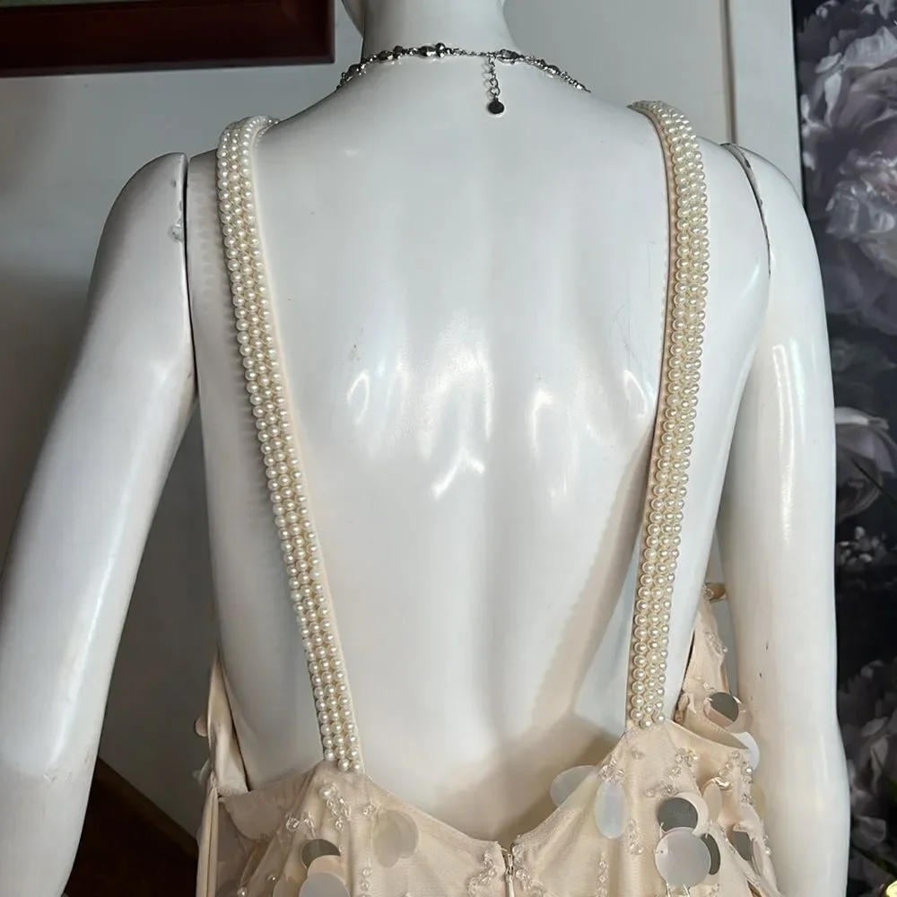 MAC DUGGAL CRYSTAL EMBELLISHED CASCADE OPEN BACK COLUMN GOWN / size 16